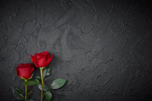 Rosas vermelhas são colocadas sobre um fundo preto texturizado. Um sinal de condolências, perda de simpatia. Espaço para o seu texto — Fotografia de Stock