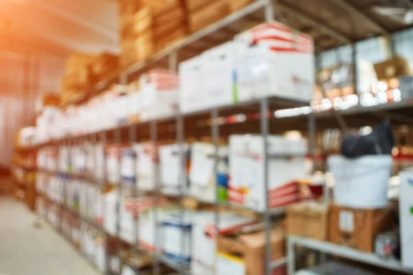 Warehouse shelf for product storage. Logistics. blurred background