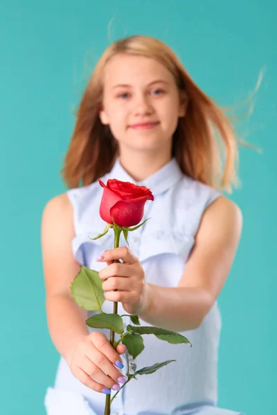 Uma Jovem Uma Rosa Vermelha Dia Dos Namorados Foco Seletivo — Fotografia de Stock