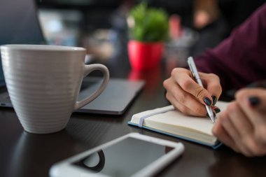 Kadın eli kalem kayıtları ile tarih seçici odak fincan kahve ve smartphone ile masada oturan kağıt Not defteri programında planlanan. Yapmam gerekenler organizasyonu. Blogger yazma yaratıcı fikirler