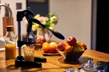 Ahşap rustik arka plan üzerinde meyve ve meyve sıkacağı.