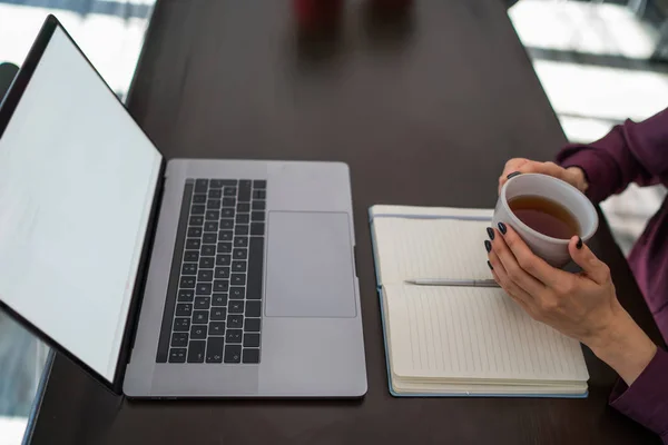 Vrouwelijke Persoon Vergadering Front Opengeklapte Laptopcomputer Met Het Scherm Van — Stockfoto