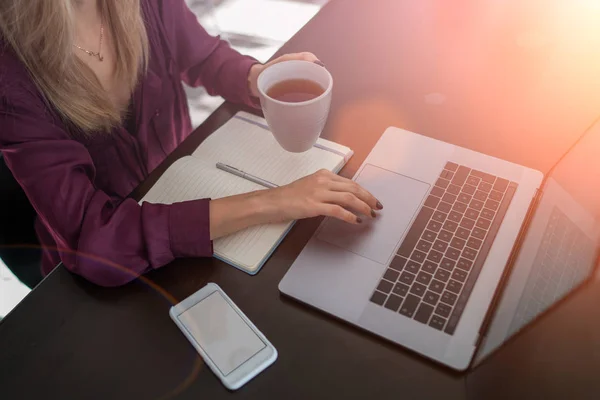 Jonge Vrouw Zoekt Internet Vacature Voor Baan Terwijl Laptopcomputer Gebruikt — Stockfoto