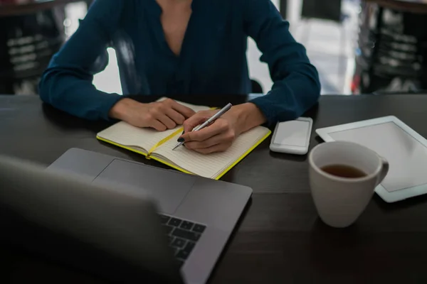 Cropped view of woman in blouse creating text during process of freelance work, selective focus on female hand with pen taking notes in notebook while sitting front modern laptop computer.