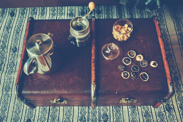 Accessories Coffee Making Old Suitcase Retro Style Top View — Stock Photo, Image