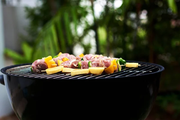 バーベキューの上の石炭の上に野菜とおいしいグリル肉 — ストック写真