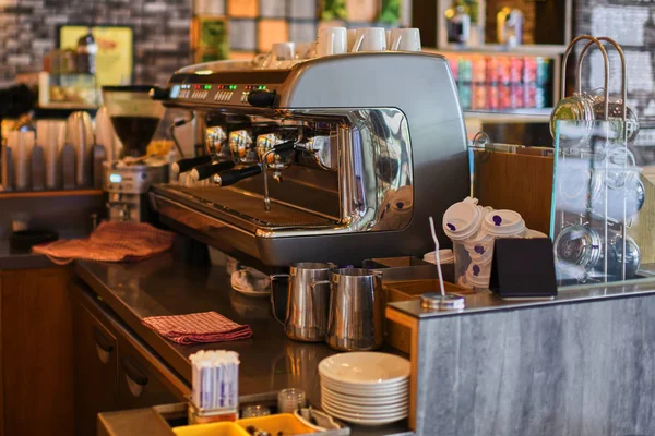 Coffee Shop Cafeteria Restaurant Service Concept. Professional coffee machine.
