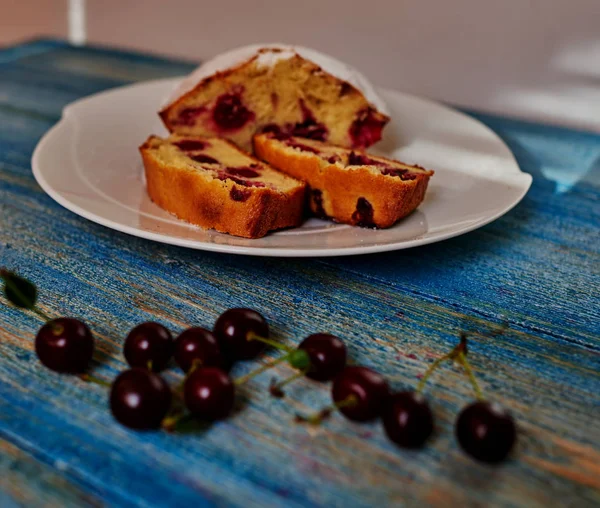 White Plate Cut Pieces Cake Cherry Fillin — Stock Photo, Image