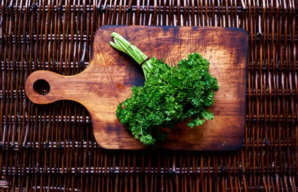 Ecological Clean Bunch Parsley Plucked Greenhouse Fresh Vegetables Copy Space — Stock Photo, Image