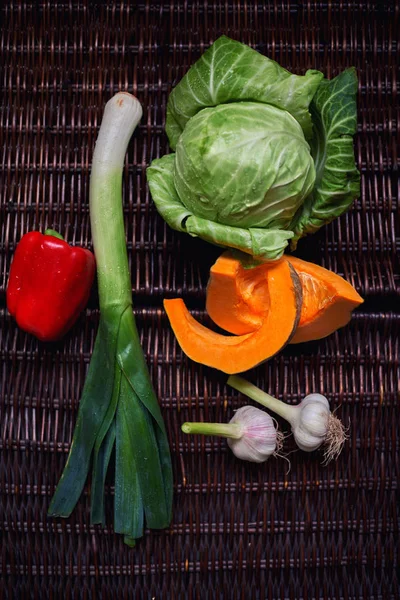 Composition Fresh Vegetables Cabbage Onion Red Pepper Pumpkin Garlic All — Stock Photo, Image