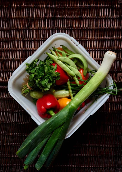 Verduras Apiladas Con Utensilios Plástico Para Lavarlas Verduras Frescas Cosechadas —  Fotos de Stock