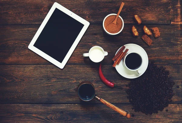 Top View Wicker Table Plate Small Mug Aromatic Coffee Homemade — Stock Photo, Image