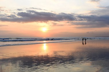 Yaz tatil ve insanlar kavramı. Güzel doğa arka plan. Siluet grup altın günbatımı zamanı plaj insan. Arkadaşlarınız ve ailenizle sahilde. Okyanus akşam zaman günbatımı zamanı