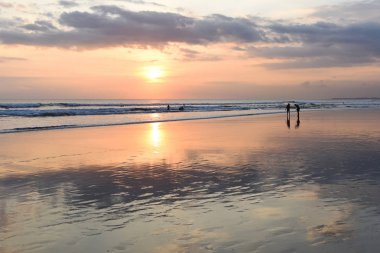 Yaz tatil ve insanlar kavramı. Güzel doğa arka plan. Siluet grup altın günbatımı zamanı plaj insan. Arkadaşlarınız ve ailenizle sahilde. Okyanus akşam zaman günbatımı zamanı