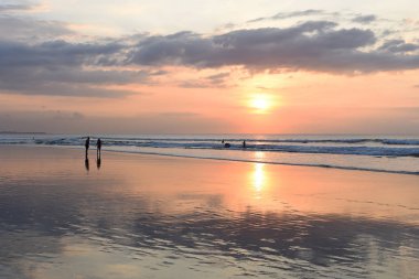 Yaz tatil ve insanlar kavramı. Güzel doğa arka plan. Siluet grup altın günbatımı zamanı plaj insan. Arkadaşlarınız ve ailenizle sahilde. Okyanus akşam zaman günbatımı zamanı
