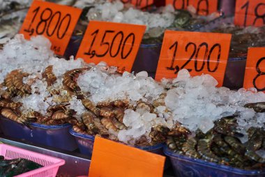 Geleneksel Asya balık pazarı. Buz ve deniz ürünleri pazarında Satılık konteyner fiyatları ile tablet dolu. 