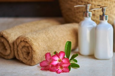 Spa ayarı dekore edilmiş, doğal tedavi Kozmetik Şişeler.