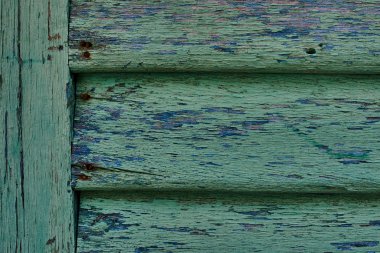 Yeşil ve mavi boya ile ahşap duvar ciddi bir şekilde yıpranmış ve soyma. Kırık boya ahşap duvar. Ahşap rustik eski püskü boş arka kaburgalar. Boya yıpranmış yüzey soyulmuş. Grunge cephe duvar kağıdı.