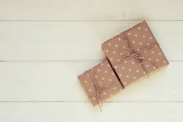 Handmade Gift Boxes Wrapped Eco Friendly Craft Paper Tied Twine — Stock Photo, Image