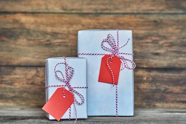 Cajas Regalo Vintage Sobre Fondo Rústico Madera Caja Regalo Envuelta — Foto de Stock