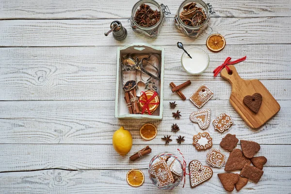Christmas Cookie Cutters Baking Utensils Ingredients Wooden Board Vintage Baking — Stock Photo, Image