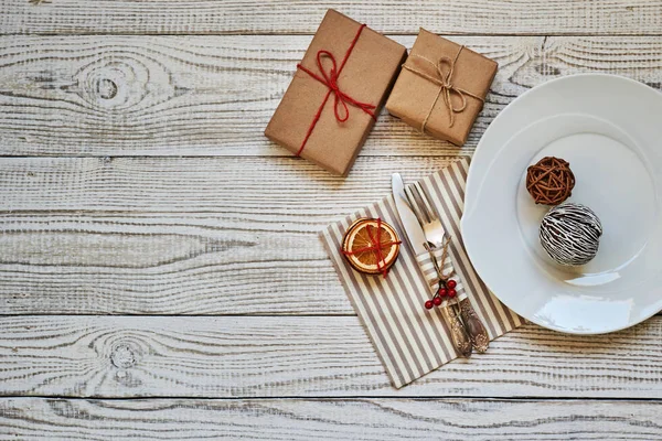 Vintage Lub Rustykalnym Stylu Tabeli Christmas Góry Eleganckie Pusty Biały — Zdjęcie stockowe