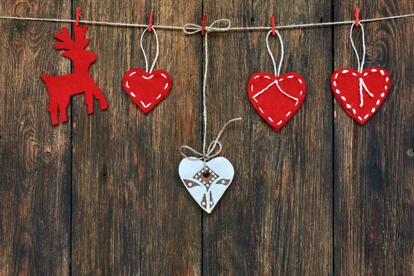 Red Hearts White Hearts Reindeer Clothespins Image Christmas Holidays Season — Stock Photo, Image