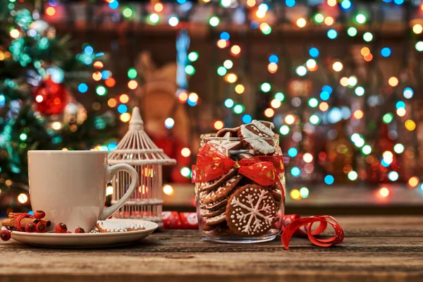 Taza Café Decoración Alimentos Navidad Sobre Fondo Mesa Madera —  Fotos de Stock