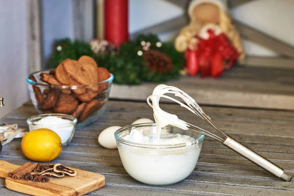 Cooking Traditional Christmas Gingerbread Bowl Icing Whisk Whipping Eggs Sugar — Stock Photo, Image