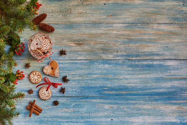 Décorations Noël Pot Verre Avec Biscuits Pain Épice Branche Sapin — Photo