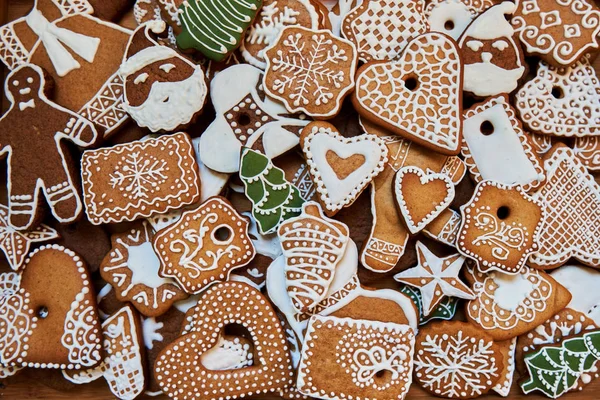 Mixed Christmas Gingerbread Colorful Mix Christmas Themed Decorated Cookies — Stock Photo, Image