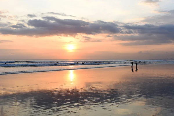 Yaz tatil ve insanlar kavramı. Güzel doğa arka plan. Siluet grup altın günbatımı zamanı plaj insan. Arkadaşlarınız ve ailenizle sahilde. Okyanus akşam zaman günbatımı zamanı