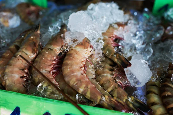 Skupina Krevet Ledu Postel Trhu Čerstvé Mořské Plody Čerstvé Krevety — Stock fotografie