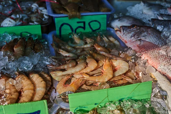 Ruwe Reuzengarnaal Koop Aan Balie Van Een Vis Close Van — Stockfoto