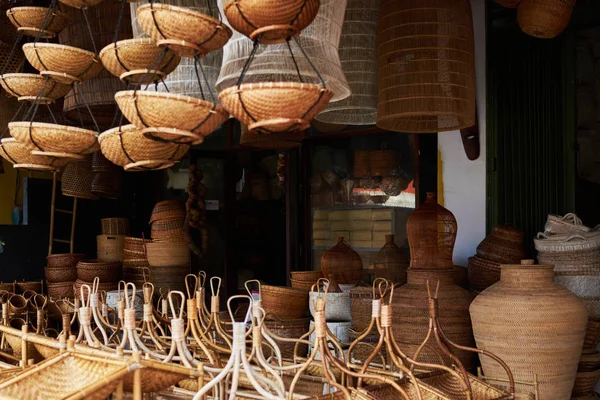 Cestas Vime Bambu Mercado Asiático Feito Mão Partir Material Natural — Fotografia de Stock