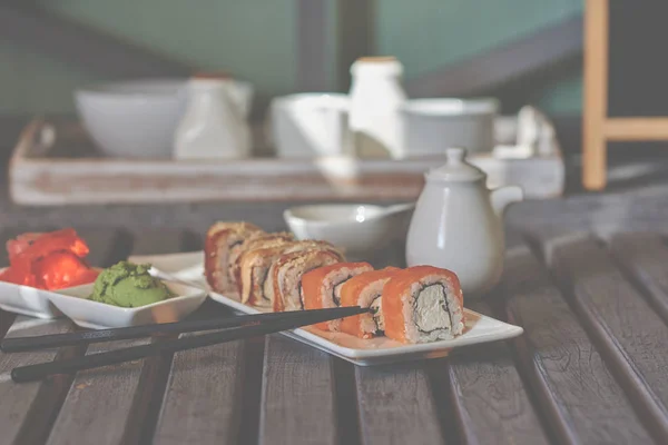 Rolls Salmon Cheese Served Ginger Wasabi Delicious Traditional Japanese Food — Stock Photo, Image