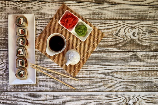 Full Sushi Set Different Types Rolls Sashimi Chopsticks Soy Sauce — Stock Photo, Image