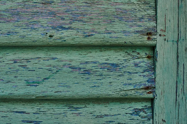 Wooden Wall Green Blue Paint Severely Weathered Peeling Cracked Paint — Stock Photo, Image