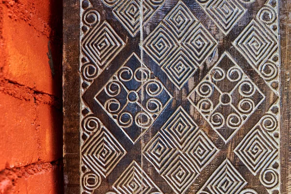 Detalle Una Madera Tallada Panel Decorativo Madera Antigua Vintage Artesanal — Foto de Stock