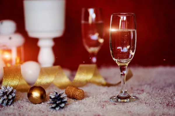 Champagne Glasses Sparkling Holiday Background Fireworks New Year Party Holiday — Stock Photo, Image