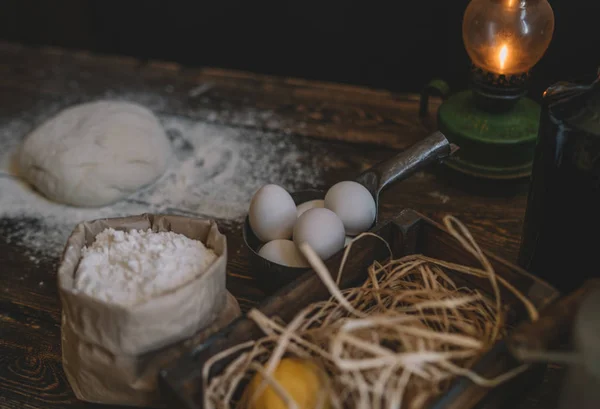 Концепция Питания Приготовления Пищи Выпечки Ингредиенты Теста Яйца Мука Булавка — стоковое фото