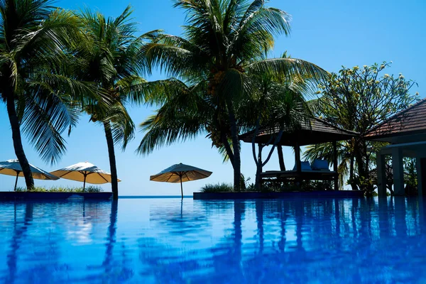 Luxury Swimming Pool Palm Trees Ocean Umbrella Chair Outdoor Pool — Stock Photo, Image