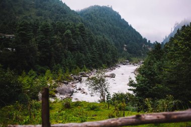 Dağ nehir akan Himalaya vadi eteklerinde ormanlık. Nehir ormanlarla çevrili bir derin vadi gorge arasından rüzgarlar. Yüksek Himalaya Dağları ile muhteşem manzara.
