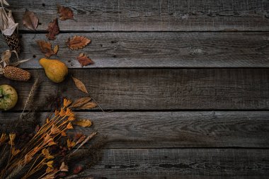Şükran günü arka plan. Kabak, elma, yaprakları, buğday ve baharat kahverengi ahşap zemin üzerinde. Mevsim sonbahar Şükran veya Halloween için arka plan. Tasarım kadar sahte. Yatay, tonlu görüntü.