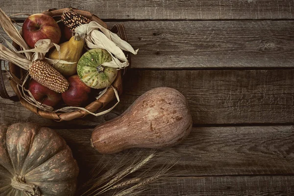 Herbst Hintergrund Mit Kürbissen Und Ähren Und Bascet Roten Äpfeln — Stockfoto