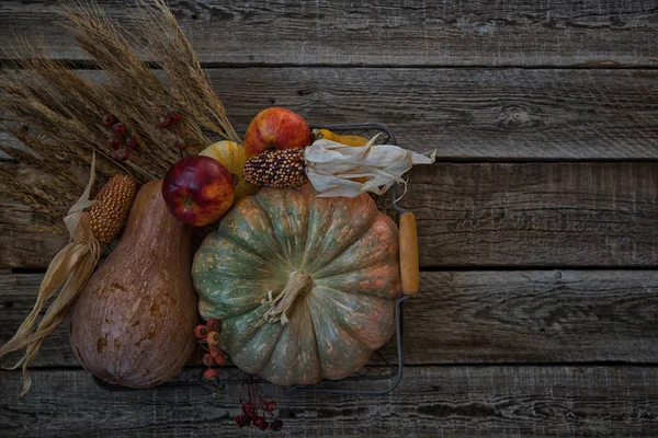 Dankbarkeit Kürbisse Äpfel Blätter Ähren Und Gewürze Auf Braunem Holzgrund — Stockfoto