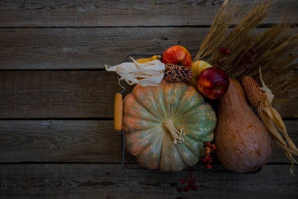 Thanksgiving background. Pumpkins, apples, leaves, ears of wheat and spices on brown wooden background. Seasonal fall background for Thanksgiving or Halloween. Design mock up. Horizontal, toned image.