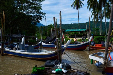Tekneleri balıkçı köyü Park. Balıkçı köyü. Birçok balıkçı tekneleri eski ahşap iskele palamarla. Geleneksel Tay balıkçı long tail tekne bir balıkçı köyü, Tayland, Asya.
