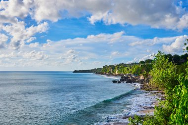 Yemyeşil tropik bitkiler ile deniz kum plaj manzarası. Pitoresk ve muhteşem sahne. Güzel manzara, tropikal kayalık plaj üzerinde arka plan güneşli gökyüzü bulutlu. Yaz tatili. Güzellik Dünya.