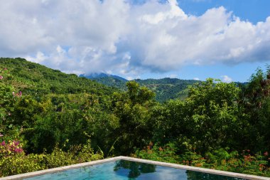 Lüks tatil. Sonsuzluk havuzu. Yaşam tarzı ve rahatlama. Şaşırtıcı bahçe içinde güzel Yüzme Havuzu. Banner tasarım lüks tatil için. Yeşil yemyeşil bitkiler ve mavi gökyüzü. Yaz tatil kavramı.